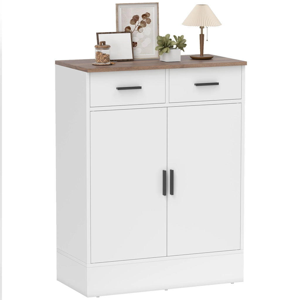Credenza Moderna 2 Cassetti e Armadietto 2 Ante, Ripiano Interno Regolabile, Bianco e Legno 963337