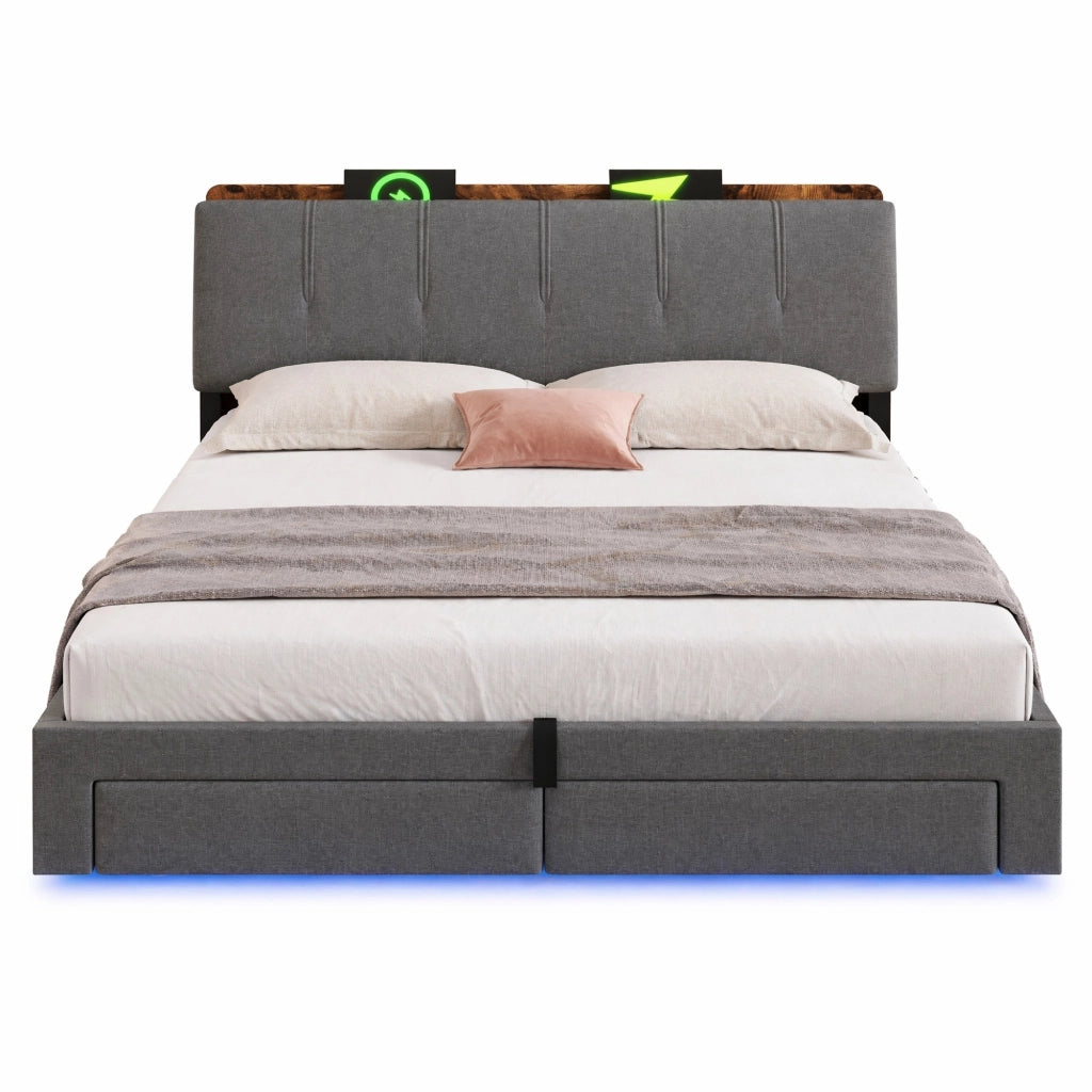 Letto matrimoniale imbottito 180x200 cm in lino grigio con contenitore; USB e LED