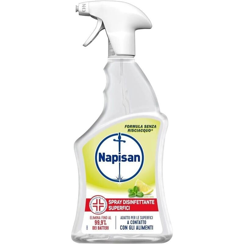 NAPISAN SPRAY DISINFETTANTE MULTISUPERFICI LIMONE E MENTA 740 ML ELIMINA 99,9% BATTERI PER SUPERFICI A CONTATTO CON ALIMENTI