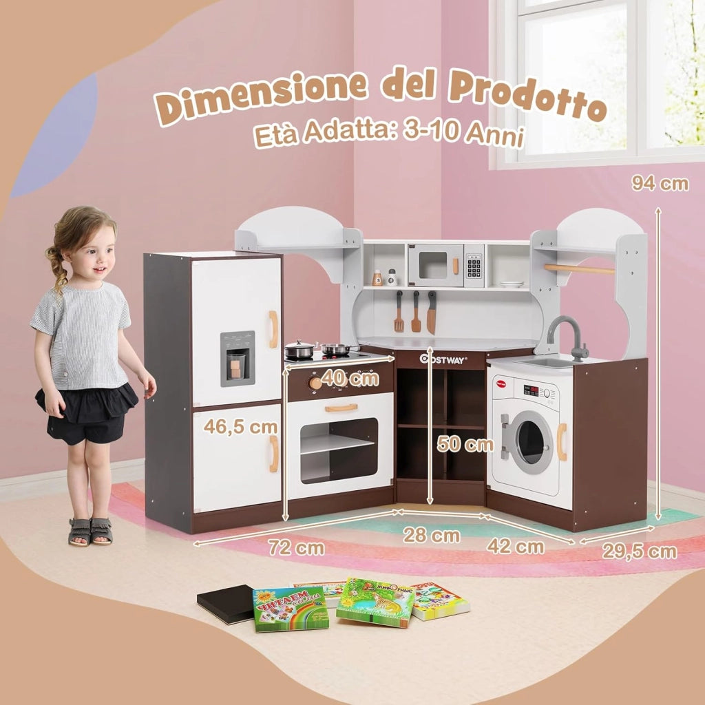 Cucina Giocattolo in Legno per Bambini, Set Cucina Giocattolo con Macchina di Ghiaccio, Microonde, Forno, Lavello, Lavatrice e Accessori, Effetti Sonori e Luminosi per Bambini 3 Anni+