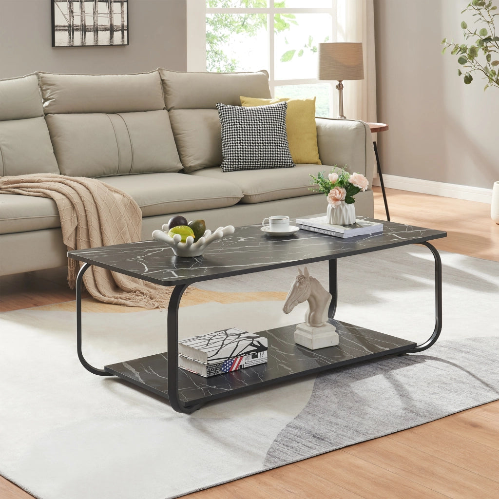 Tavolino Centrale da Salotto Kolta con Ripiano 120x60x43 cm - Effetto Marmo Nero [en.casa]