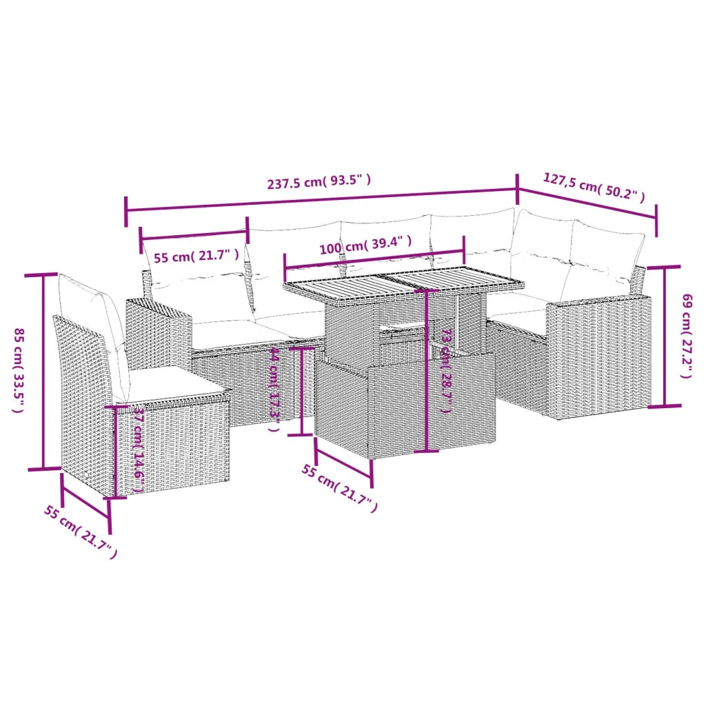 Set Divani da Giardino 7 pz con Cuscini Grigio in Polyrattan