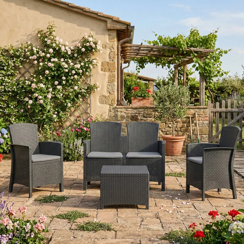 Salottino da esterno Asiak, Set da giardino con cuscini, Salottino  effetto rattan, 100% Made in Italy, Antracite