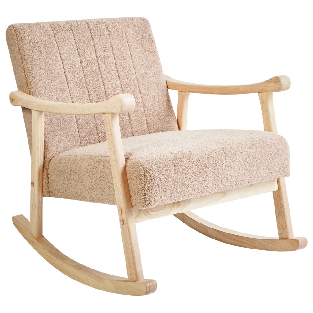 Poltrona a dondolo con rivestimento in bouclé beige gambe in legno di gomma e braccioli Soggiorno Cameretta