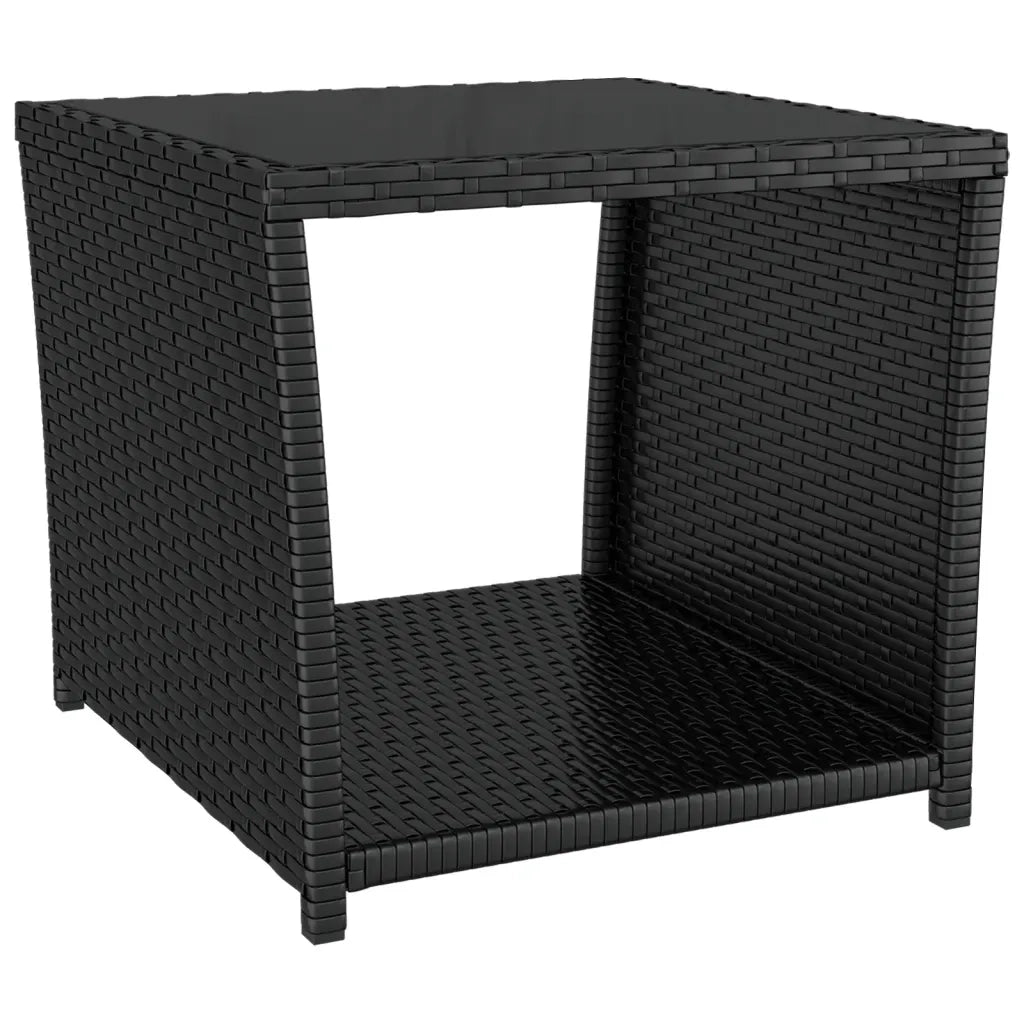 Tavolino con Piano-Tavolino da soggiorno-Tavolo Vetro Nero in Polyrattan e Vetro Temperato
