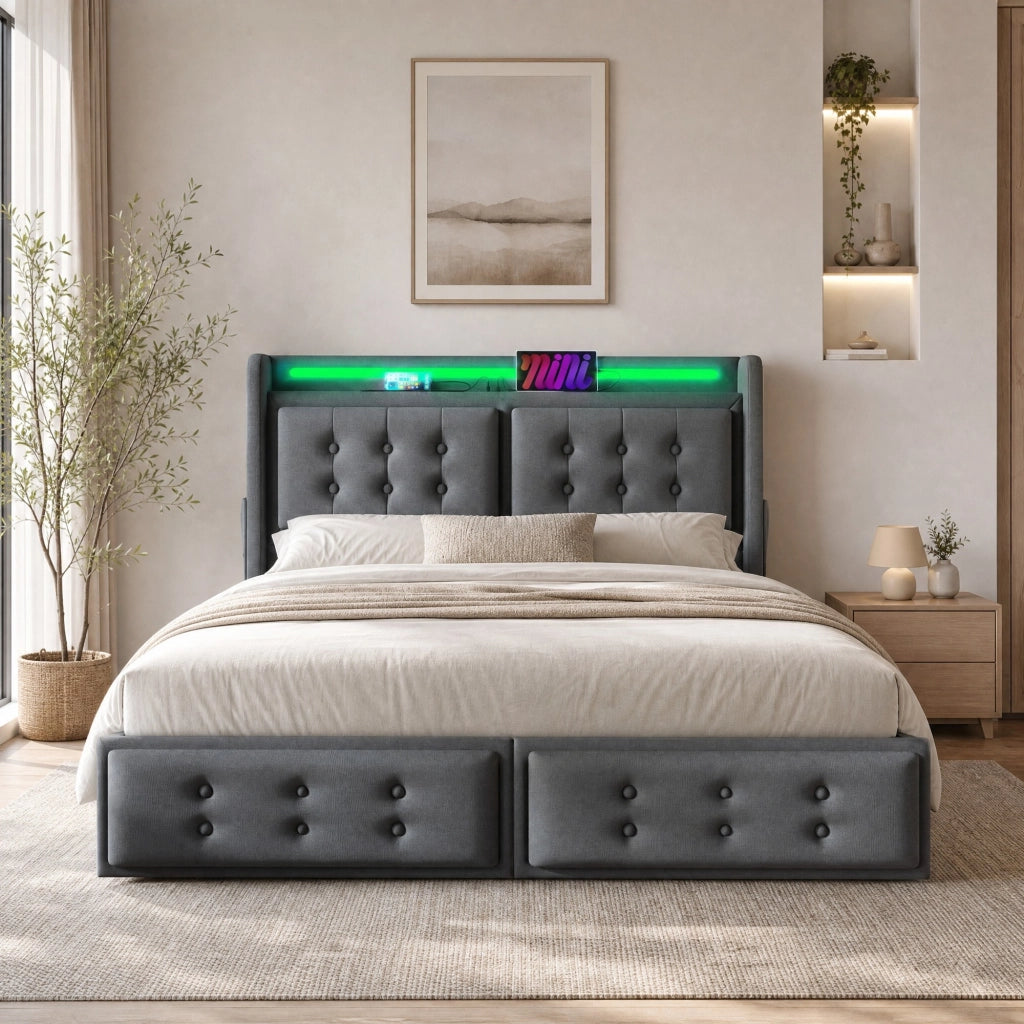 Letto matrimoniale 140x200 con LED, porte di ricarica USB-C, 4 cassetti e struttura in legno/metallo