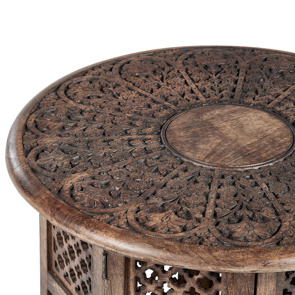 Tavolino in legno di mango scuro Piano intagliato rotondo Base rotonda 53 x 53 cm Design tradizionale