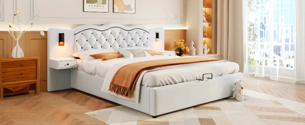 DESMIU Letto Contenitore 2 Posti con USB, 2 Luci da Lettura e Vano Contenitore 180 × 200 cm, Senza Materasso