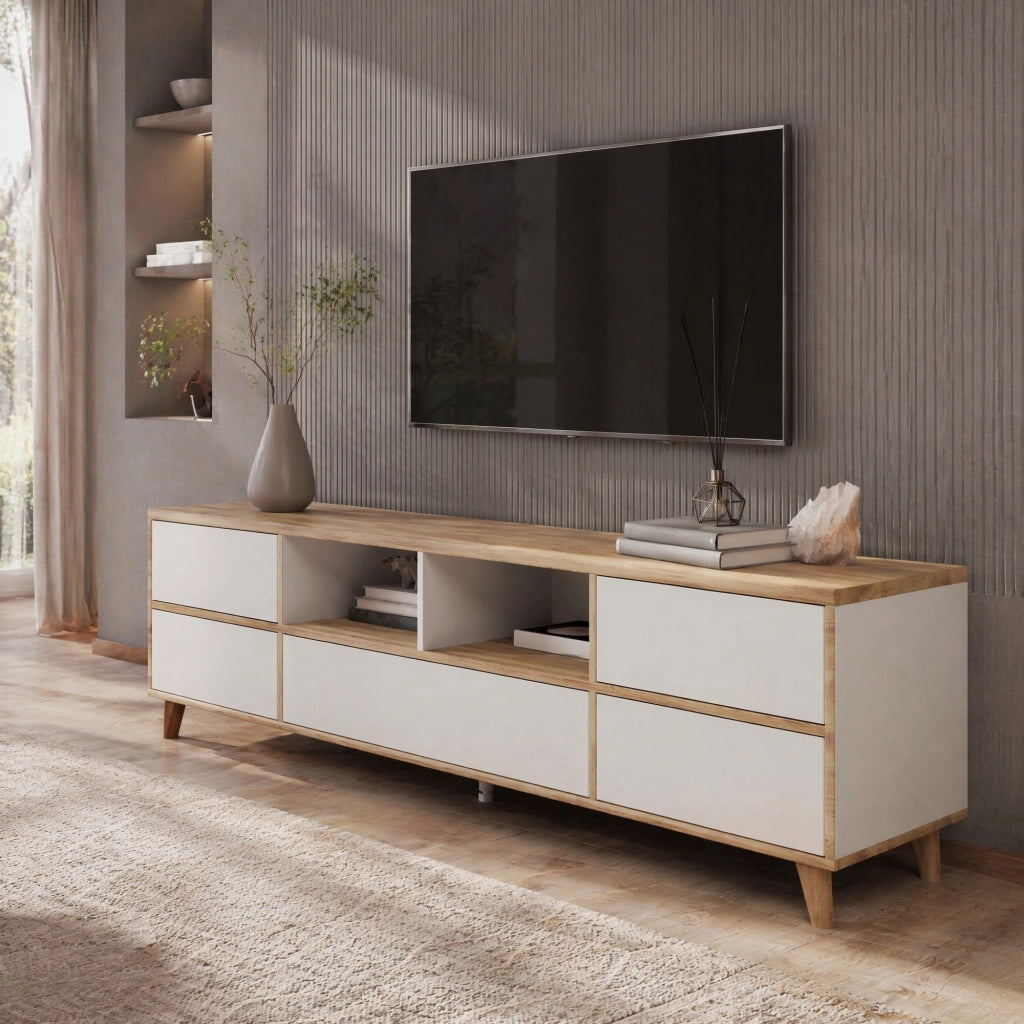 Mobile TV moderno bianco e legno 175x37x51 cm con 4 scomparti e 2 colli