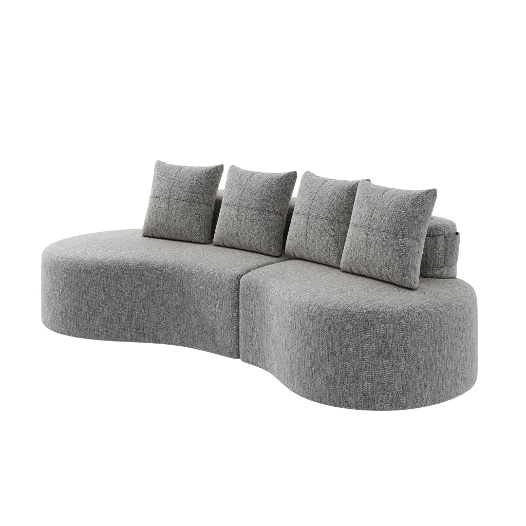 Divano in lino grigio chiaro con 4 cuscini, portabicchieri e tasche laterali, 240x109x60 cm