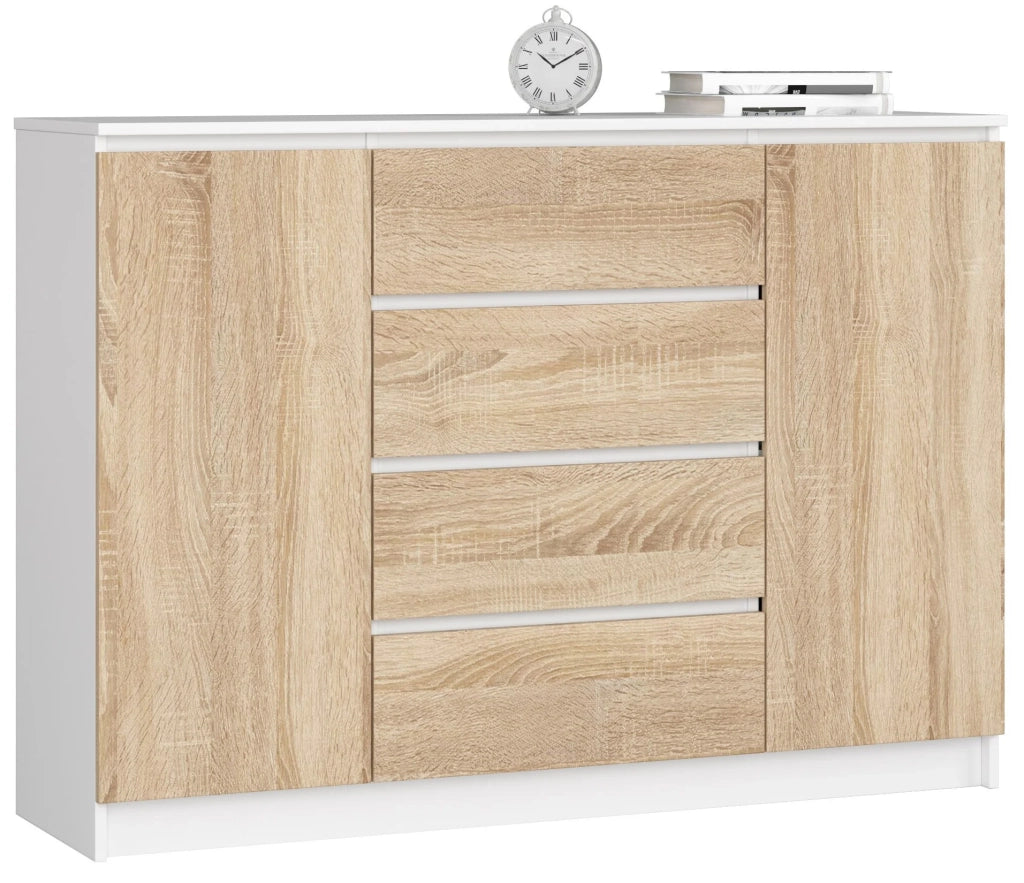 Cassettiera AKORD K140 Bianca 138 cm 2 ante 4 cassetti inserto frontale Sonoma Quercia 138x40x99 cm