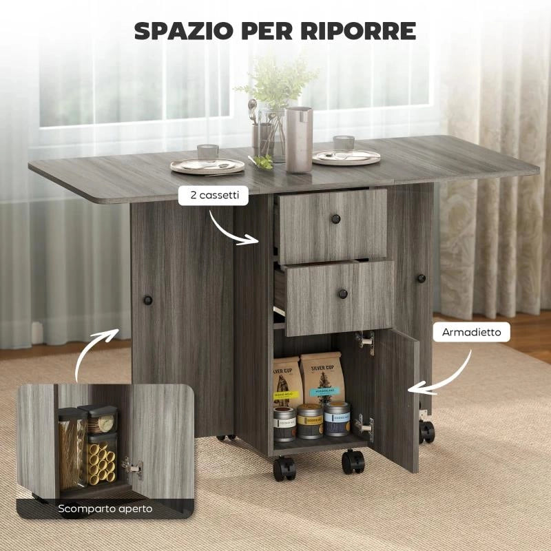 TAVOLO A RIBALTA A 6 ROTELLE CON 2 CASSETTI E ARMADIETTO AD ANTE, IN LEGNO, 120X60X76.5 CM, GRIGIO