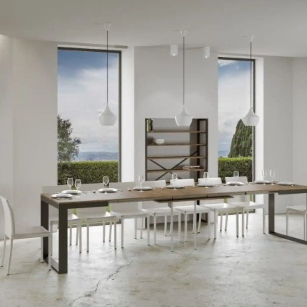 Tavolo allungabile 120/380x90 cm Tecno Evolution colore noce telaio e gambe antracite