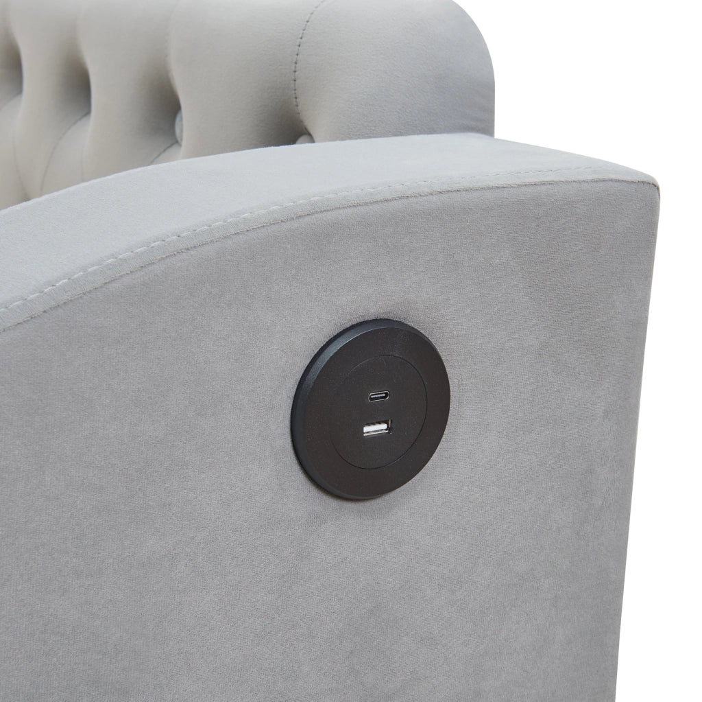 Divano letto imbottito 90x190 cm estendibile 180x190 cm in velluto grigio con USB e vani portaoggetti