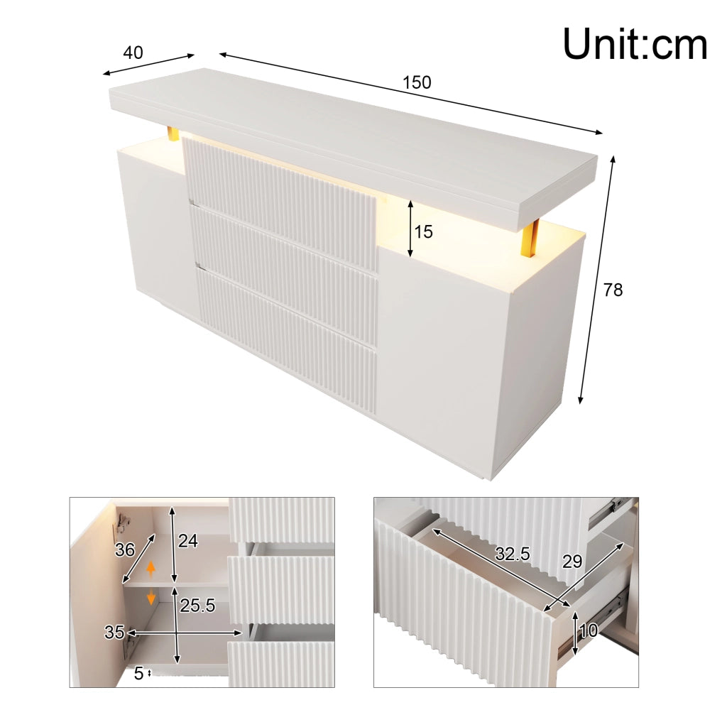 CREDENZA LED 150x40x78 cm Bianca in MDF e Metallo, 6 Cassetti e 2 Ante
