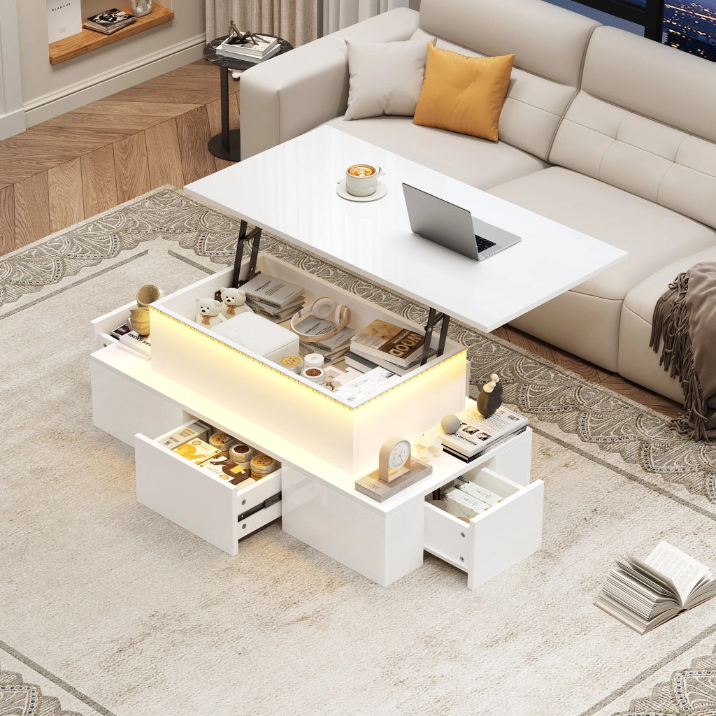 TAVOLINO Alzabile 100x50x40 cm MDF Bianco Lucido con 4 Cassetti e LED