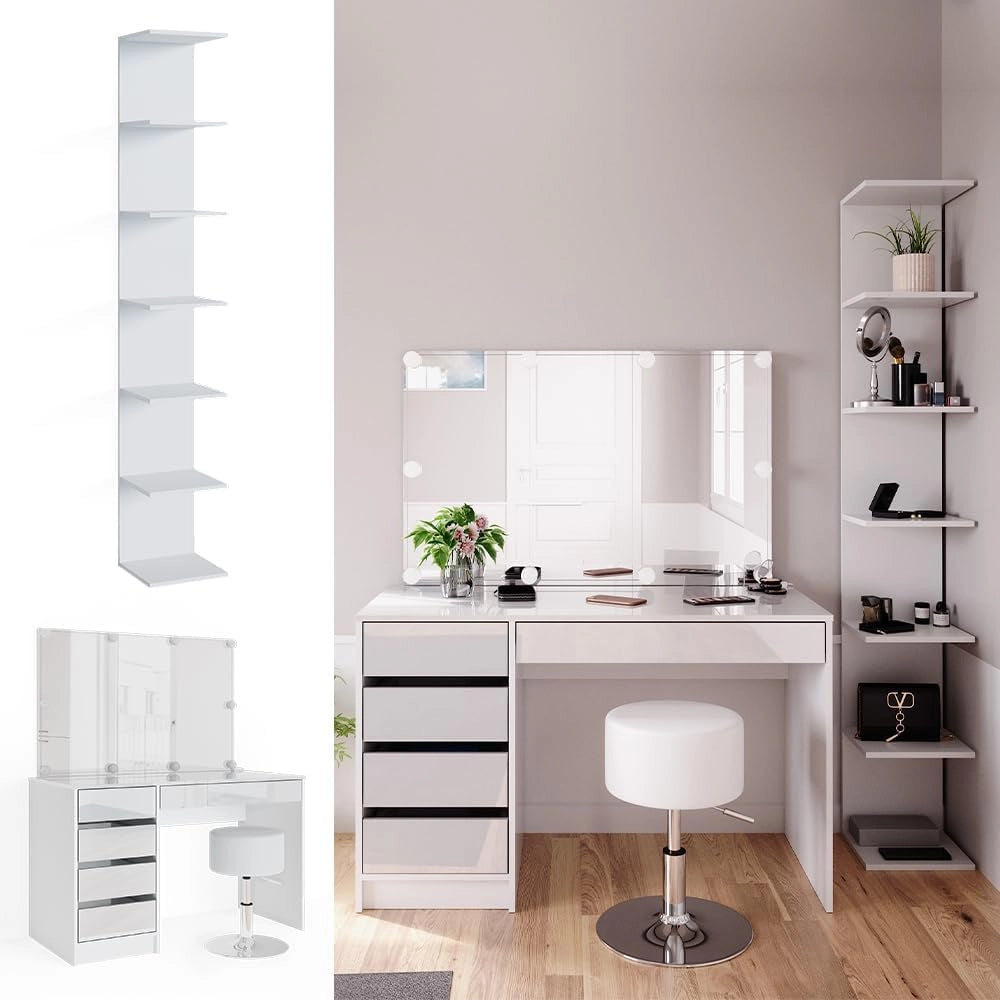 Vicco Tavolino da toilette Sherry, Bianco, 4 pezzi, con ripiano portaoggetti, specchio, sgabello, LED, adatto per l’uso quotidiano con telaio stabile
