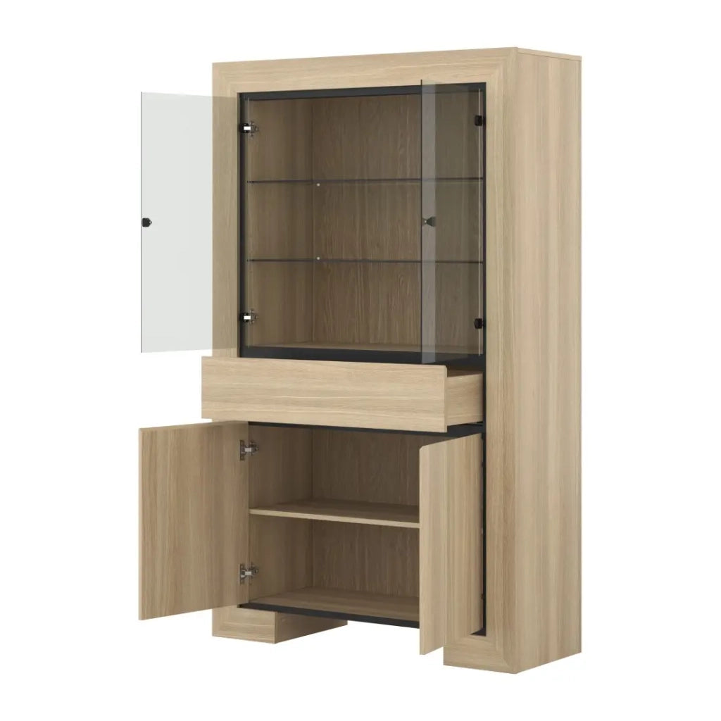 Vetrina larga COPA – 4 porte (2 vetrate, 2 piene) e 1 cassetto – Rovere elegante – Illuminazione LED integrata