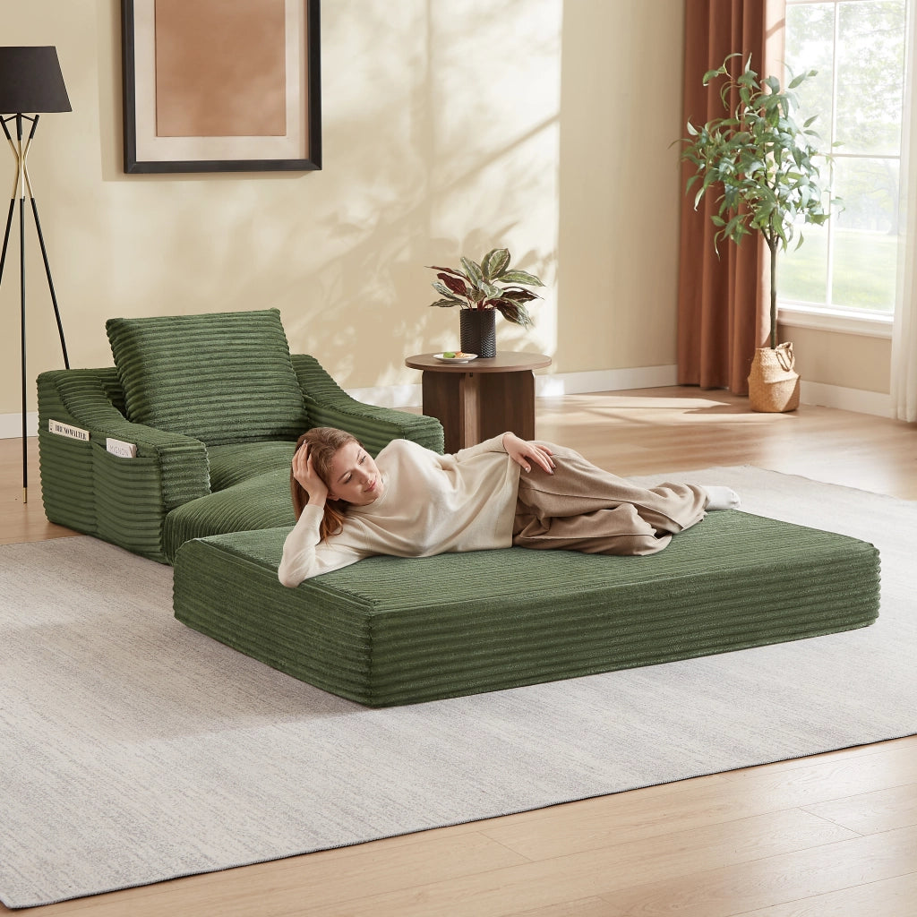 Fauteuil convertible in velluto a coste con design a doppio strato e cuscino estraibile per relax, schiuma verde
