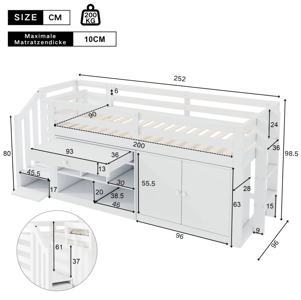 Letto singolo multifunzione 90x200 cm in legno massiccio e MDF; bianco; con scala e contenitore