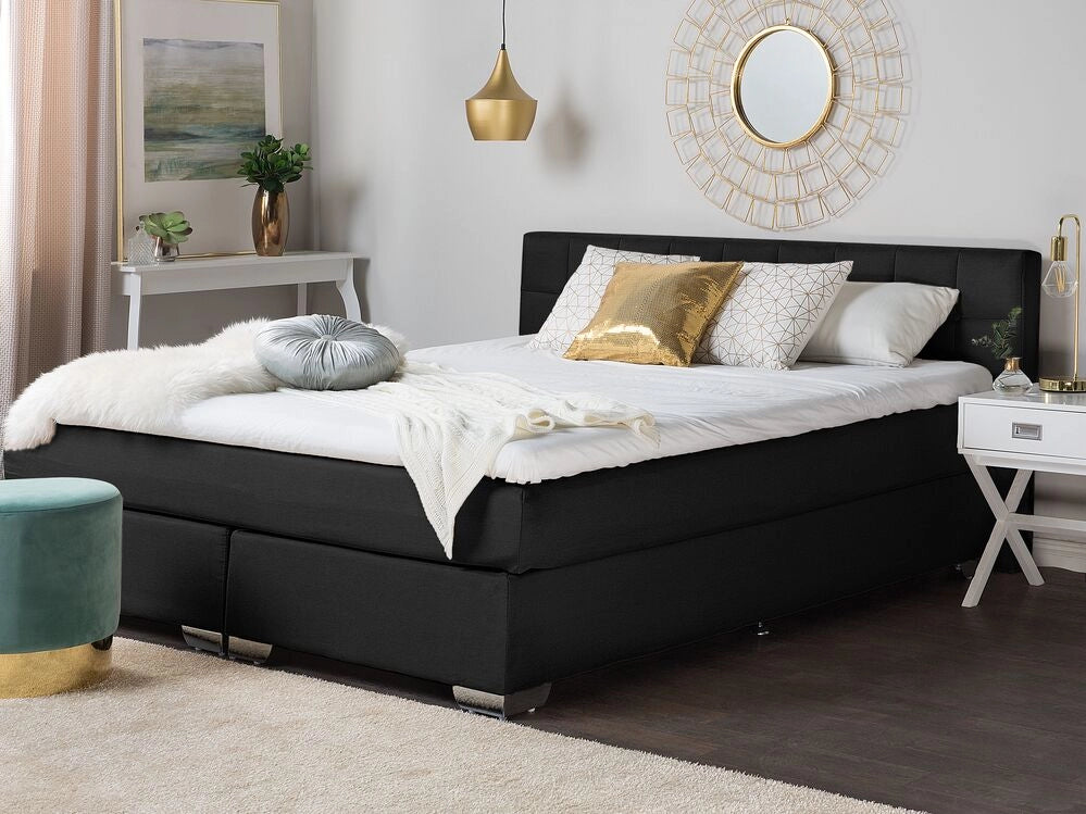 Divano letto matrimoniale in tessuto Nero imbottito con struttura 140 cm 6 con testiera capitonné e materasso a molle insacchettate