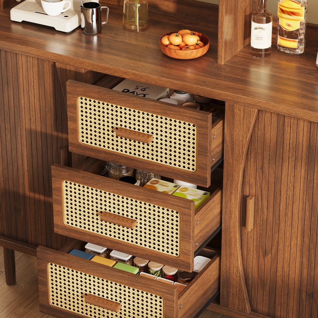Credenza con Ante in Vetro Scorrevoli e Rattan ¨C MINIMAL ¨C Legno Naturale/Noce, 174,5 cm