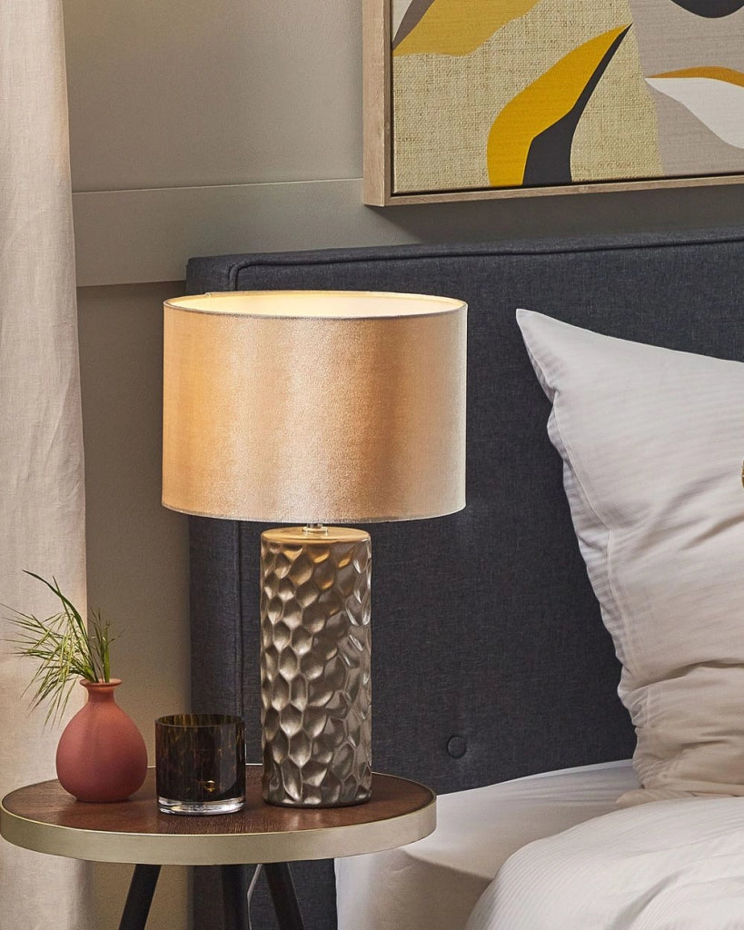 Lampada da Tavolo dorato Ceramica 50 cm Motivo Geometrico Velluto Tamburo Paralume Comodino Soggiorno Camera da Letto Illuminazione Glamour