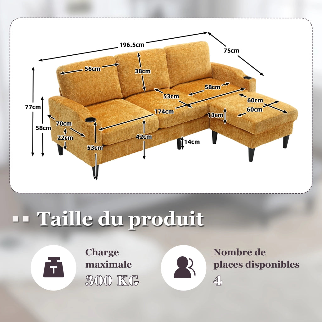 Divano a 4 Posti con Pouf Contenitore; Portabicchieri e Tasche Laterali; in Ciniglia Gialla; 196;5 x 75 x 77 cm