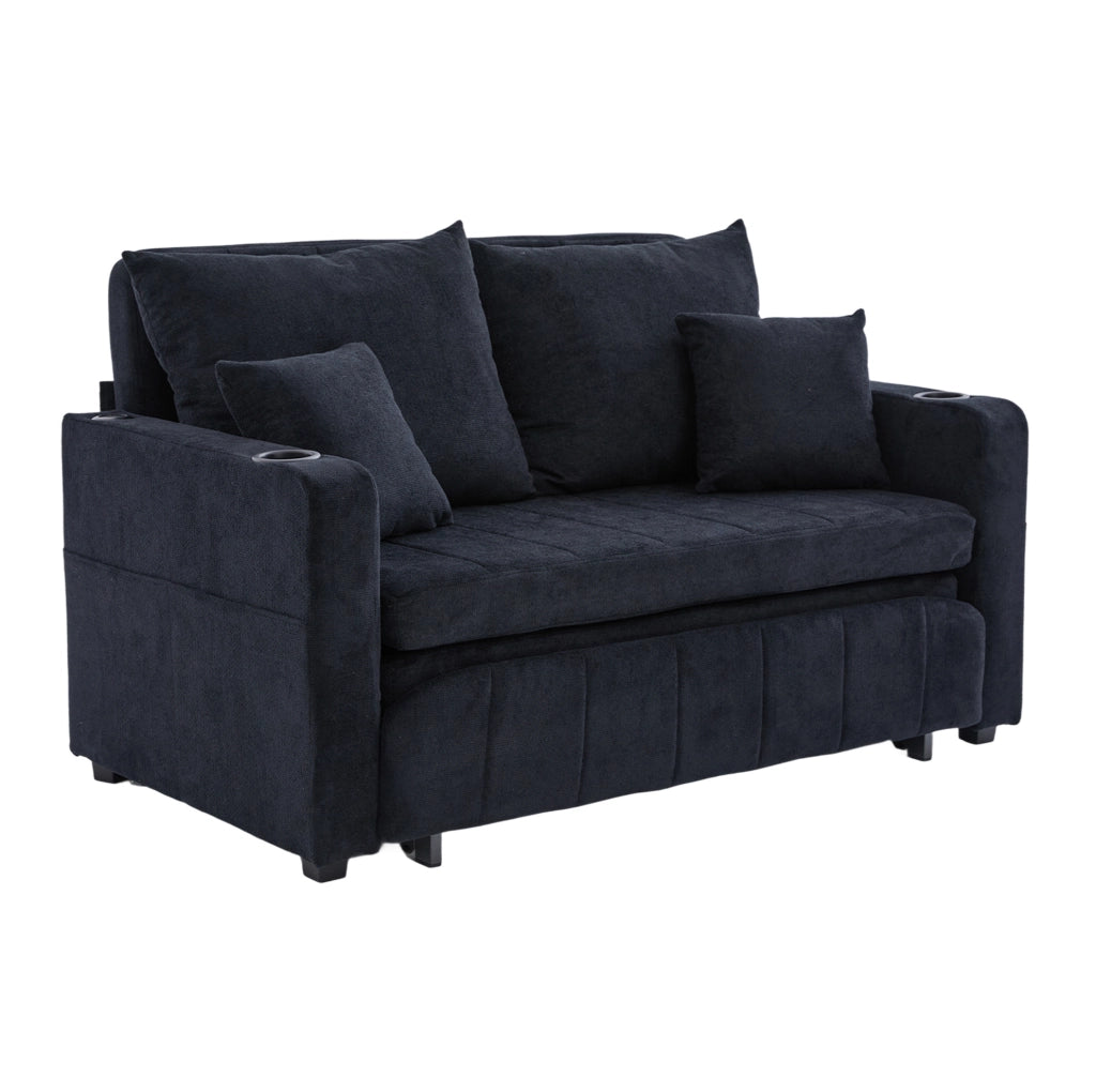 Divano letto 139x73x83 cm nero, USB, portabicchieri, tessuto chenille