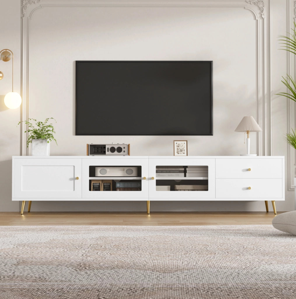 Mobile TV basso bianco con 2 cassetti e 3 ante, 170×40×43 cm