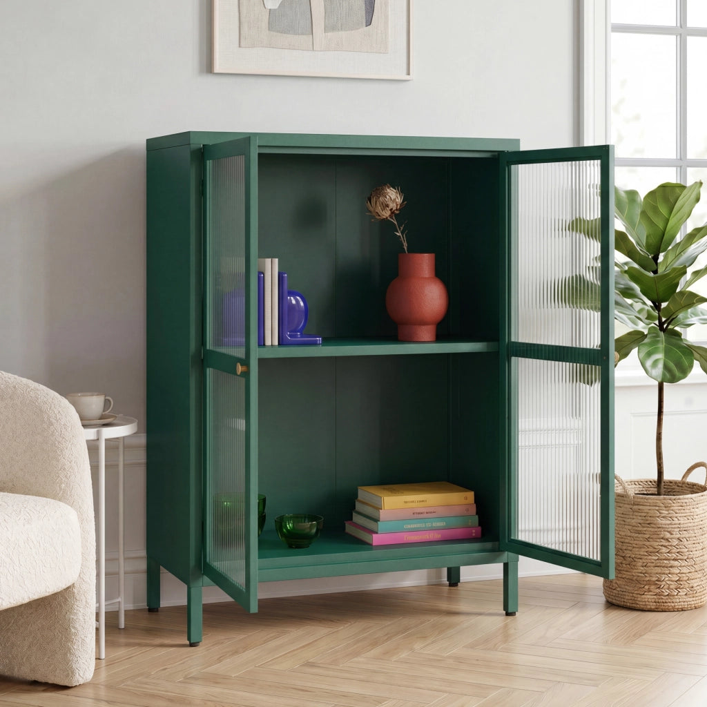 Credenza Säkylä Comò con Ante in Vetro Scanalato 84x64x35 cm Verde Abete [en.casa]