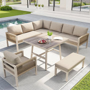 Set da giardino a L in vimini intrecciato a mano - Xylo - Fino a 8 posti, struttura in ferro robusta, cuscini beige, tavolo in vetro effetto legno e poltrona