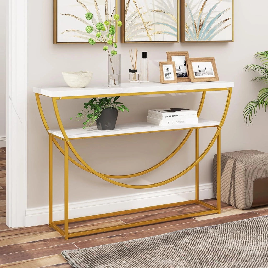 Tavolo consolle a 2 livelli, 120 x 30 x 80,5 cm, effetto marmo e telaio in metallo, tavolino ausiliario stretto per ingresso, corridoio e soggiorno