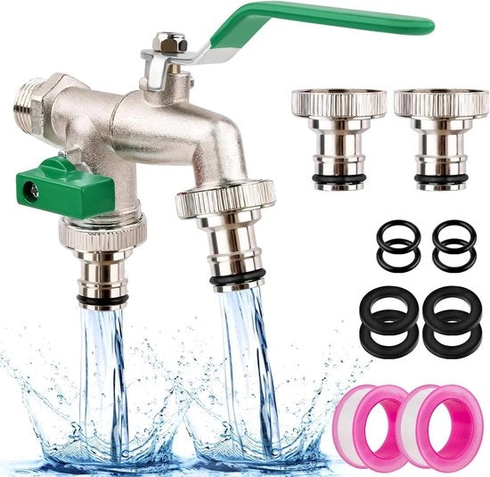 Doppia maniglia per tubi 1/2 pollici in ottone resistente all'ossidazione e al gelo - 2 connettori per tubi inclusi - nastro sigillante - tappo per tubi - verde