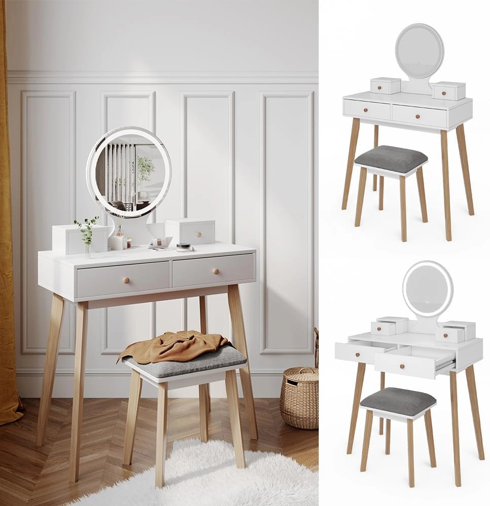 Tavolo da toeletta Finya, Bianco, 80 cm con specchio LED e sgabello, per la conservazione e l'organizzazione di articoli cosmetici