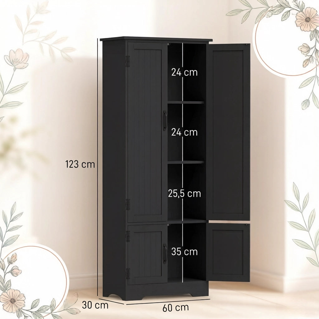 Credenza da cucina con 2 ante, 1 vano senza ripiano e 3 ripiani, design moderno, per cucina, nero, 60 × 30 × 123 cm