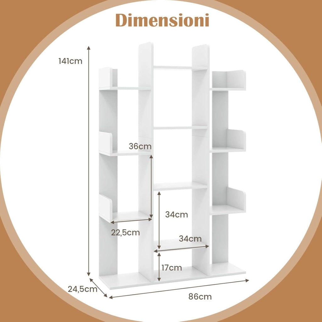 Libreria a Forma di Albero, Scaffale Multiuso con 13 Ripiani Aperti, Scaffale Decorativo Autoportante a Cubo per Soggiorno Studio o Ufficio, 86x24,5x141 cm (Bianco)