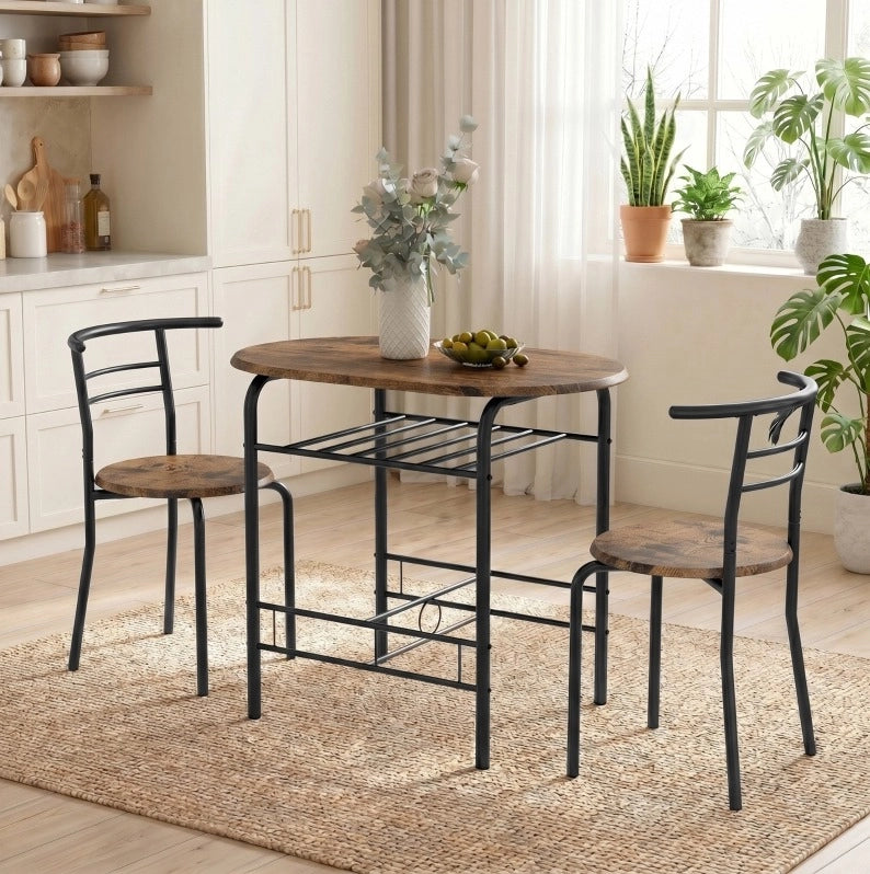 Set tavolo da pranzo 3 pezzi per 2 persone con ripiano; 80x52x76 cm; marrone rustico