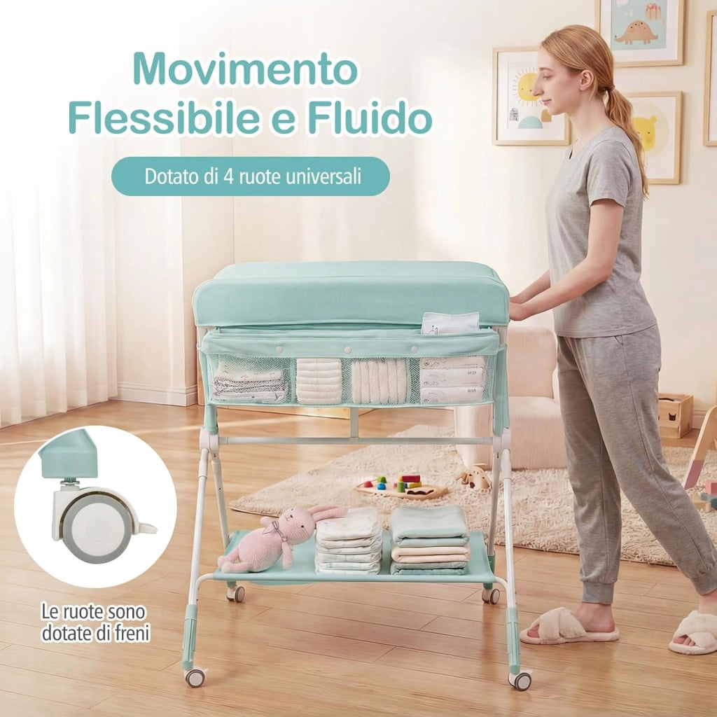 Fasciatoio Pieghevole per Bambini, Fasciatoio Portatile con Altezza Regolabile a 3 Livelli, Fasciatoio Neonato con Ruote di Bloccabili, Ripiano, Porta Asciugamani, per 0-12 Mesi (Verde)