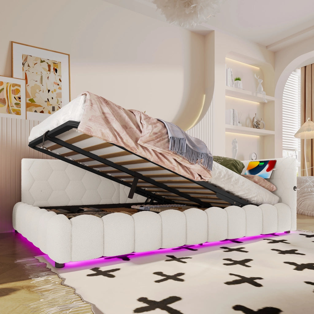 Letto a Divanetto 140x200 cm; Contenitore; USB; Type C e LED; in Vliesimitat; Bianco