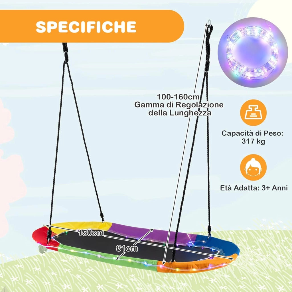 Altalena da Giardino per Bambini 150 cm, con Luci LED, Altalena da Albero con Struttura in Acciaio Antiruggine, Corde Regolabili, Portata 150 kg, per Bambini 3+ Anni