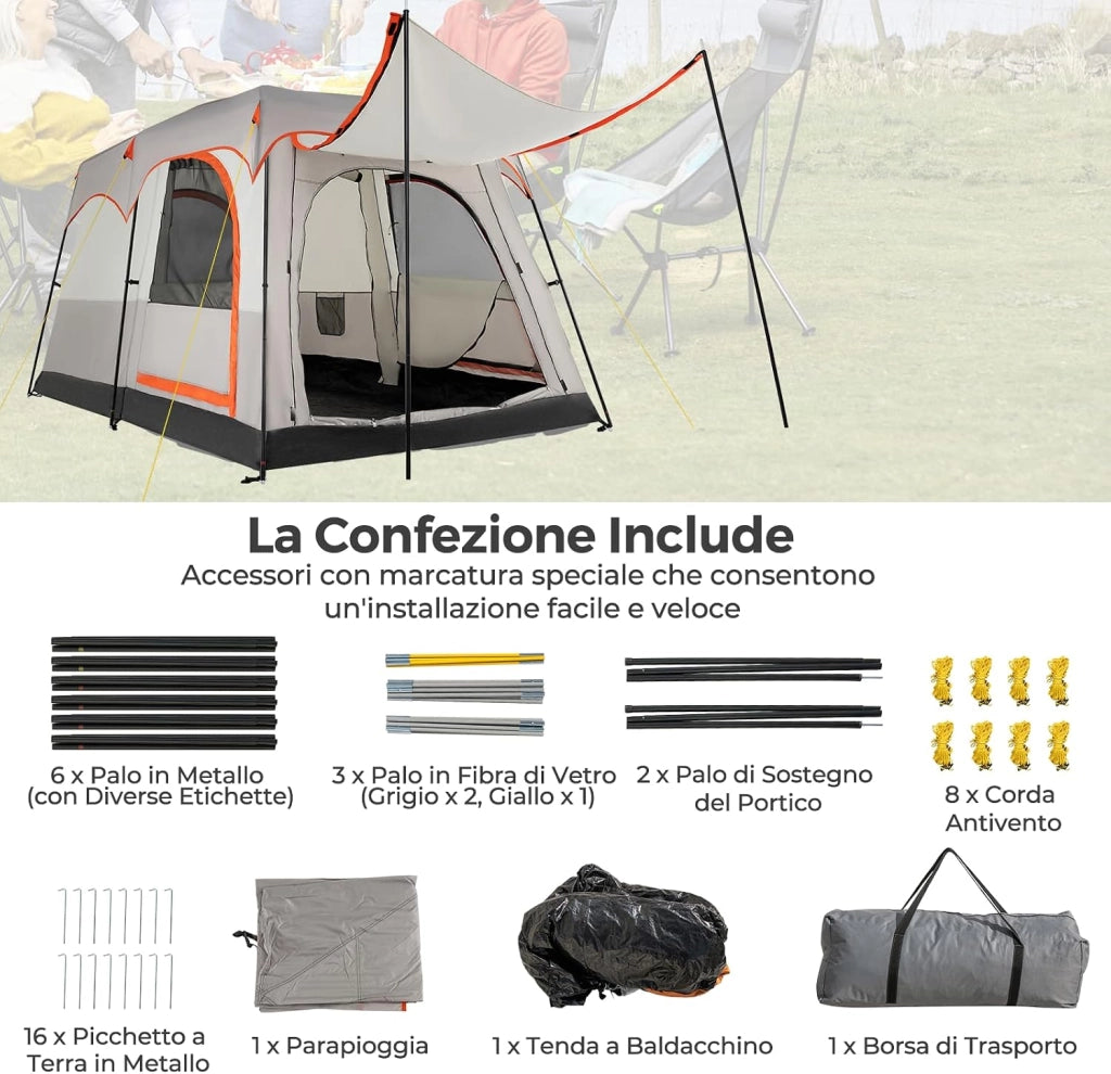 Tenda da Campeggio con Divisorio, Tenda a Doppio Strato con Telo Antipioggia, Telo in PE, Finestre a Rete, Impermeabile e Antivento, con Borsa