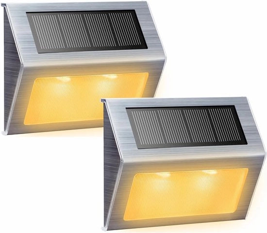 Lampade a energia solare, adatte per scale, terrazze, marciapiedi, cortili, ringhiere e balaustre; lampade LED; idonee per l'esterno; illuminazione calda; set da 2.