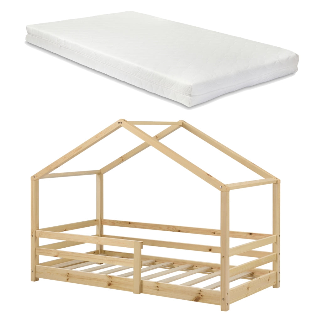Letto per Bambino a Forma di Casetta con Barriere di Sicurezza e Materasso Ortopedico 90 x 200 cm Lettino in Legno di Pino con Sponde - Color Legno Naturale