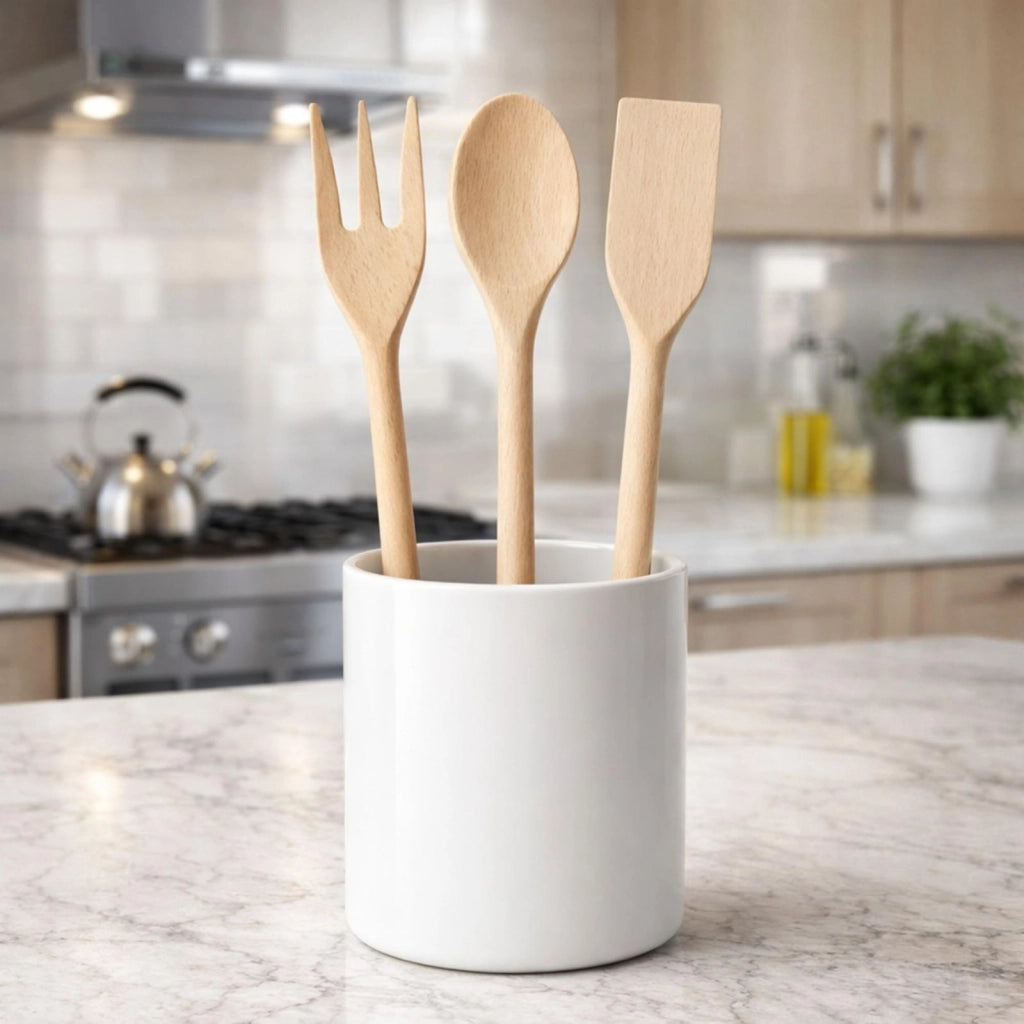 Set Utensili Cucina in Legno Naturale 3 Mestoli Antigraffio 31 cm per Pentole