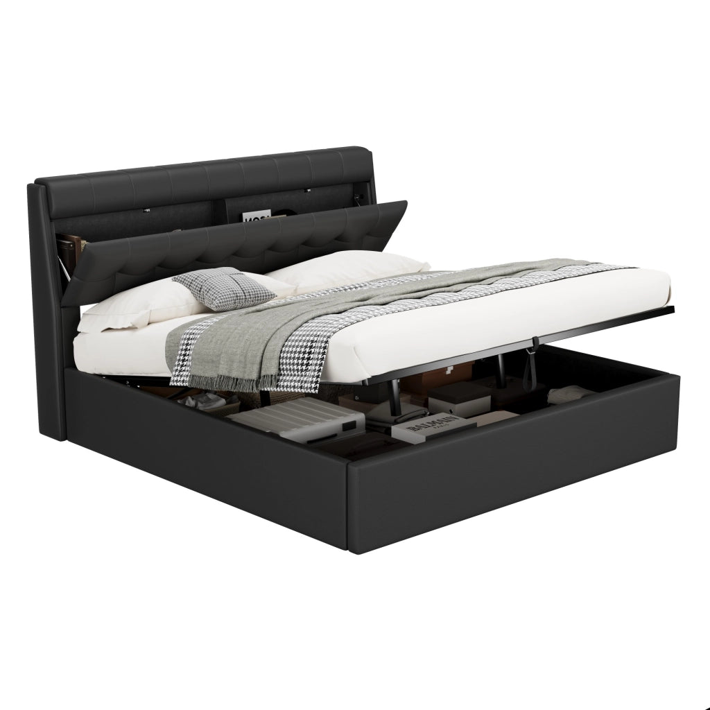 Letto imbottito elegante - Zephmum - 180x200 - Nero - Idraulico, ripiano testata nascosto, cassone