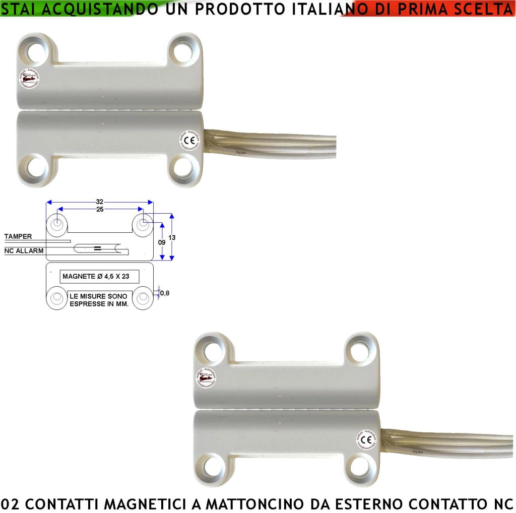 Contatto Magnetico ABS da Esterno 2 Pezzi Per Allarme Finestre Porte Infissi Contatto Reed NC Amplla Sottovuoto Campo Magnetico 13 mm Tensione Max 30 V Carico Resistivo 1 A IP65 4 Fili 2 NC e 2 Tamper
