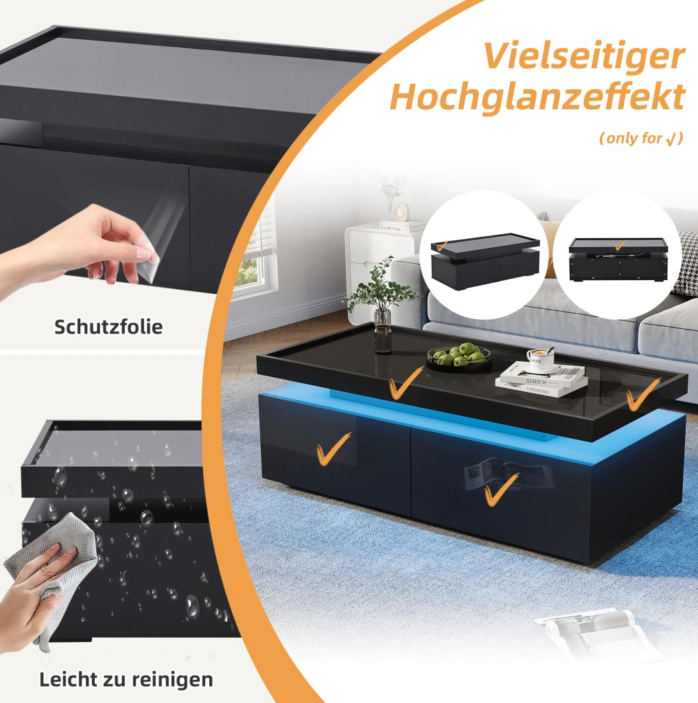 Tavolino da salotto nero lucido con LED e 2 cassetti