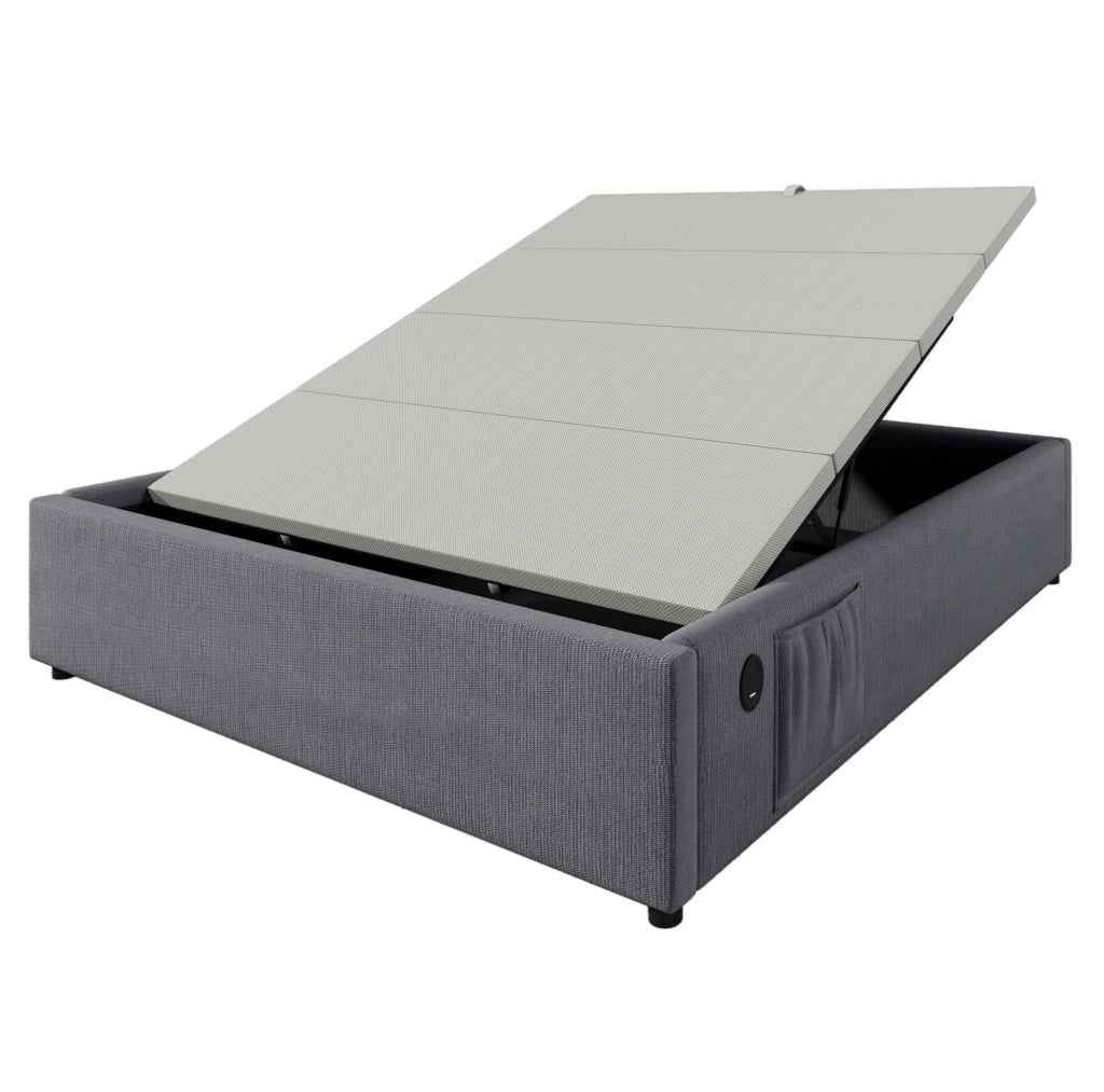 Letto matrimoniale imbottito 160x200 cm con contenitore; USB e Type-C; grigio