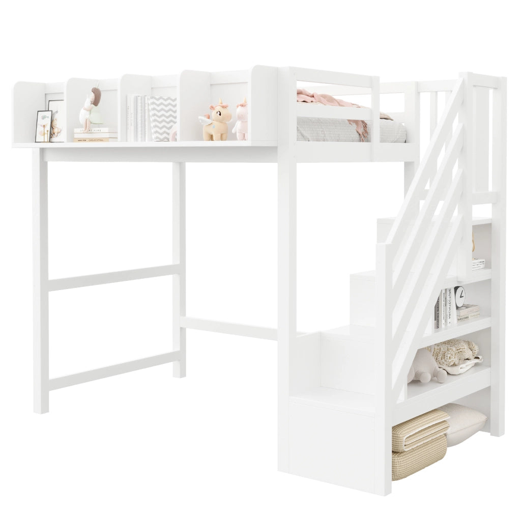 Letto a soppalco multifunzionale 90 x 200 cm in legno con LED; scala e vani portaoggetti; bianco